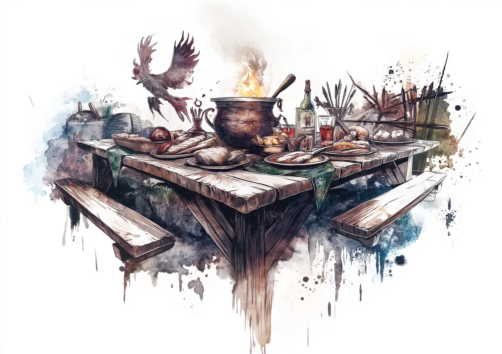 Medieval Feast Spread on Wooden Table with Raven Flying