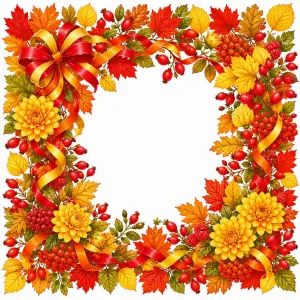 Autumn floral frame with vibrant fall leaves, berries, and decorative ribbons
