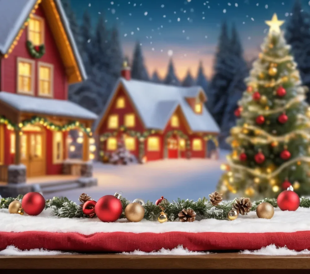 Christmas Decorations with Ornaments and Snowy Village in Background