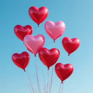 Cluster of Red and Pink Heart-Shaped Balloons Against Clear Blue Sky
