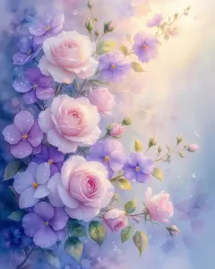 Delicate Pink Roses and Purple Flowers with Dewdrops