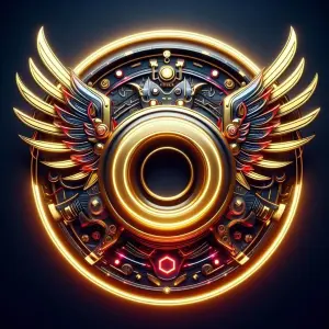 Futuristic Golden Winged Mechanical Emblem with Neon Highlights
