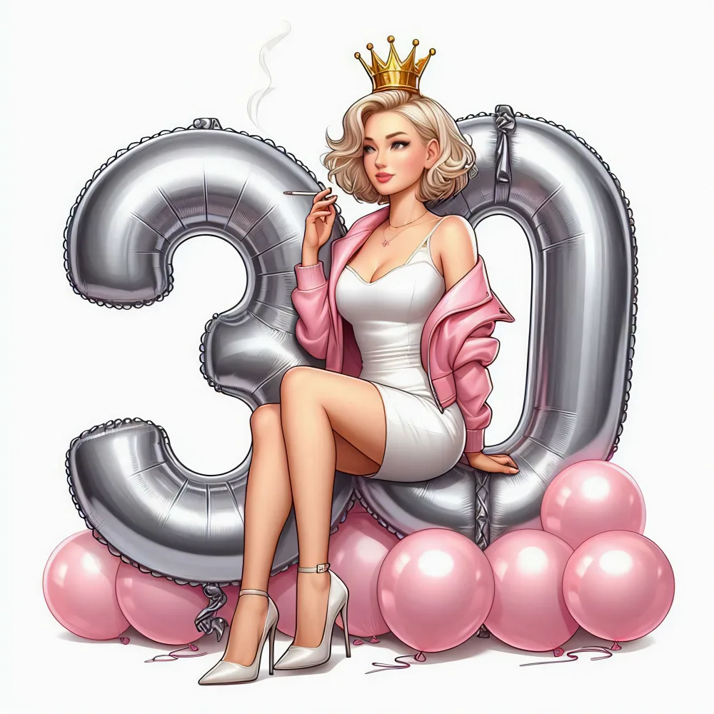 Stylish Woman Celebrating 30th Birthday with Balloon Numbers and Crown