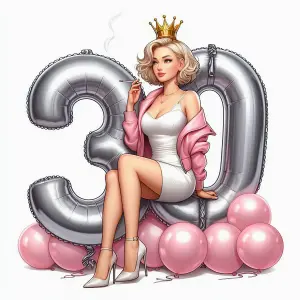 Stylish Woman Celebrating 30th Birthday with Balloon Numbers and Crown