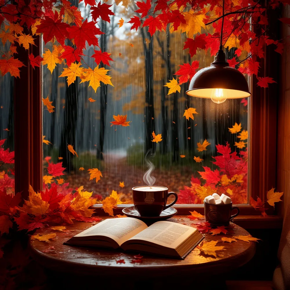 Cozy Autumn Reading Nook with Coffee and Falling Leaves