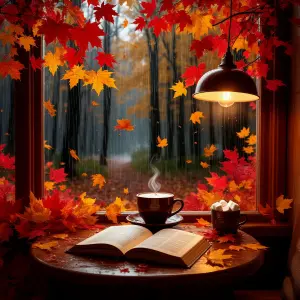 Cozy Autumn Reading Nook with Coffee and Falling Leaves