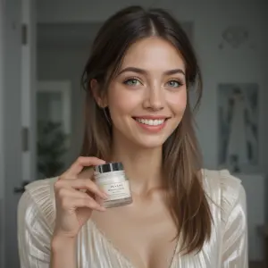 Smiling Woman Holding Facial Cream Jar Indoors
