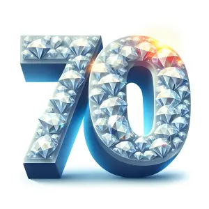 Number 70 Encrusted with Shiny Diamonds on White Background