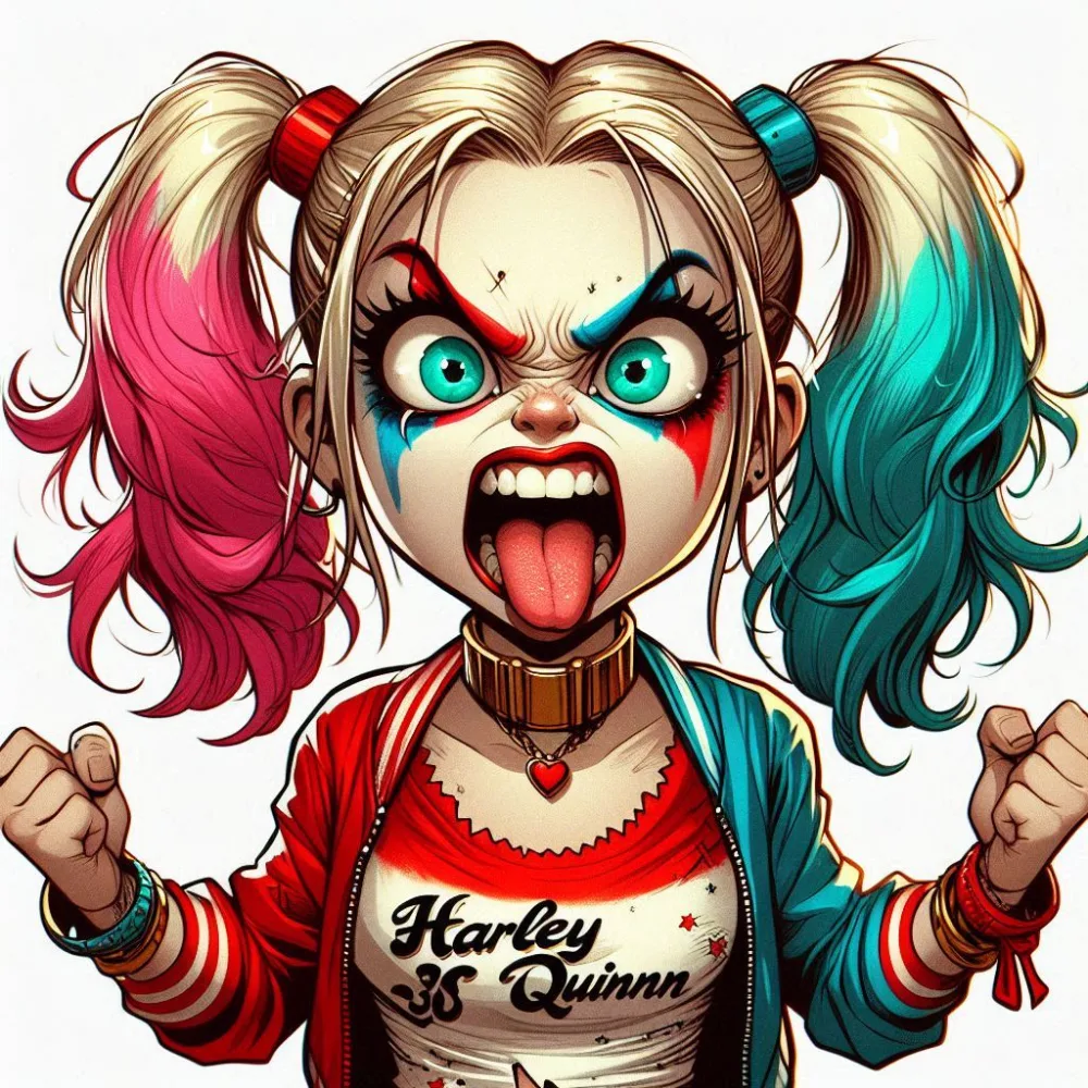 Cartoon Illustration of Fierce Harley Quinn with Colored Pigtails
