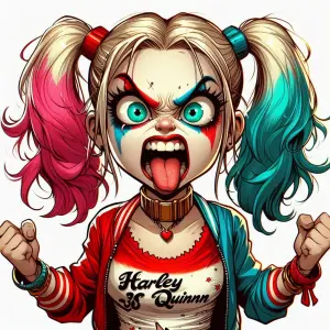 Cartoon Illustration of Fierce Harley Quinn with Colored Pigtails