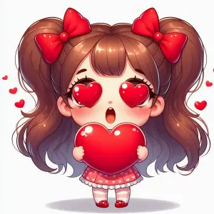 Cute Cartoon Girl With Heart Eyes Holding Red Heart