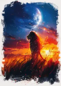 Majestic Lion at Sunset with Planet in the Sky