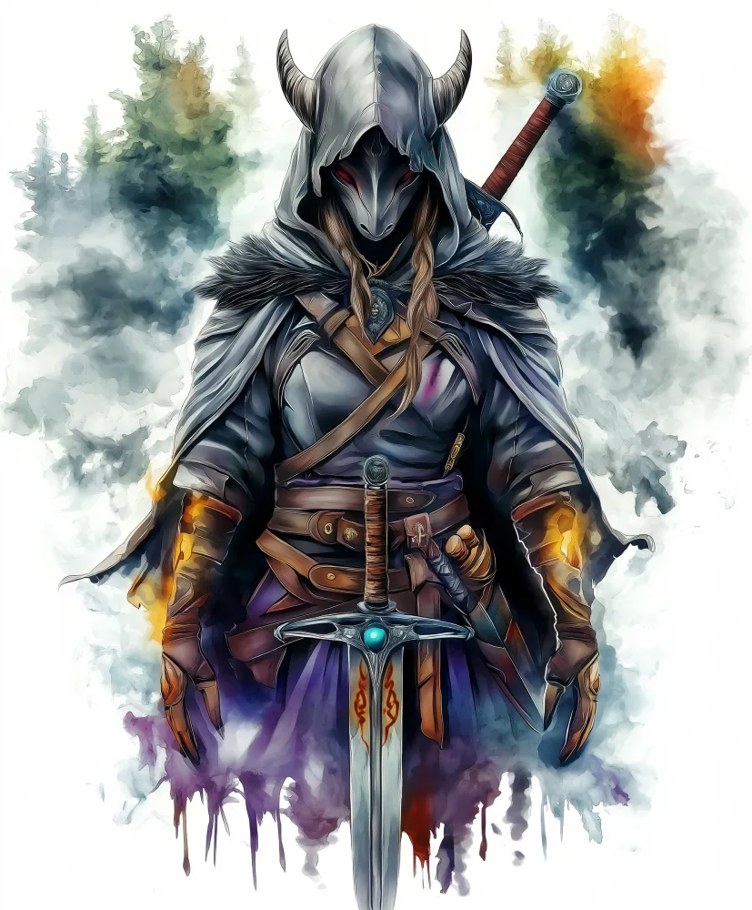 Dark Hooded Warrior in Fantasy Armor with Sword
