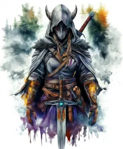 Dark Hooded Warrior in Fantasy Armor with Sword