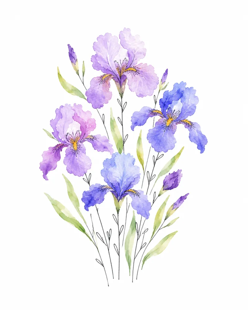 Watercolor Painting of Purple and Blue Iris Flowers