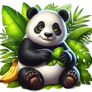 Cute Cartoon Panda Eating Bamboo Surrounded by Tropical Leaves and Bananas