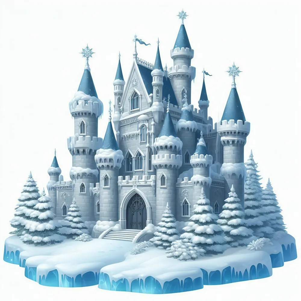 Snow-Covered Winter Castle with Pine Trees