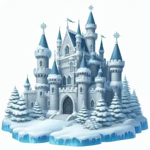 Snow-Covered Winter Castle with Pine Trees