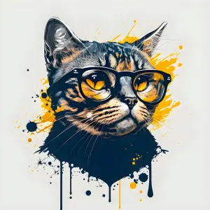 Stylish Cat Wearing Glasses Digital Art with Paint Splashes