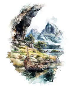Wooden Viking Boat on Clear Lake with Mountain Landscape