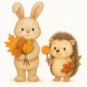Cute Bunny and Hedgehog Holding Autumn Leaves, Lollipop, and Berries Illustration