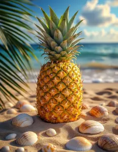 Pineapple on Tropical Beach Surrounded by Seashells