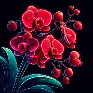 Neon Glowing Red Orchids with Green Leaves on Black Background