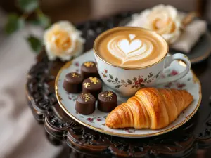 Elegant Breakfast Setting with Latte, Croissant, and Chocolates