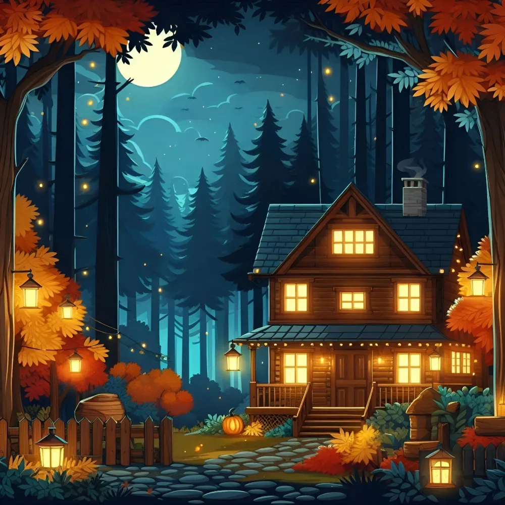 Cozy Autumn Cabin at Night in a Forest
