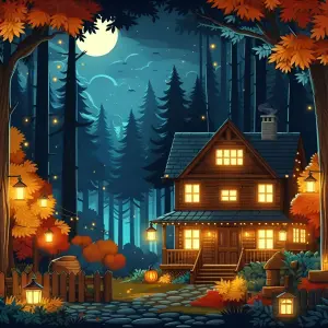 Cozy Autumn Cabin at Night in a Forest