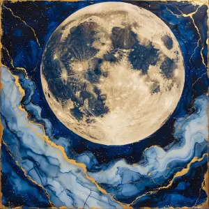 Artistic Full Moon with Blue and Gold Abstract Background
