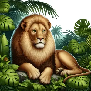 Majestic Lion Resting Among Tropical Jungle Leaves