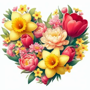 Heart-Shaped Floral Arrangement with Yellow Daffodils and Red Tulips