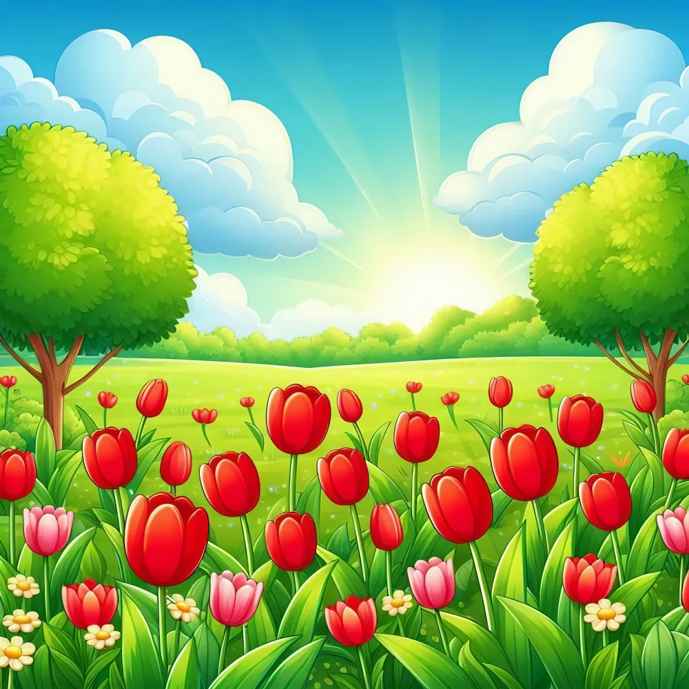 Bright Spring Meadow with Red Tulips and Trees at Sunrise