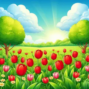 Bright Spring Meadow with Red Tulips and Trees at Sunrise