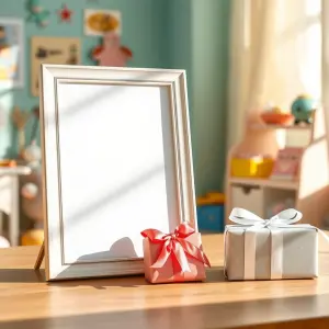 Photo Frame with Two Wrapped Gift Boxes on Wooden Table