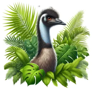 Emu Portrait Surrounded by Tropical Green Leaves