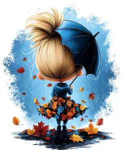 Illustration of a Girl with Umbrella in the Rain and Falling Autumn Leaves