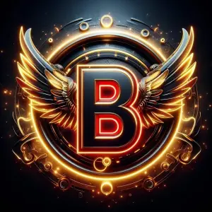 Glowing Neon Letter B with Golden Wings Emblem