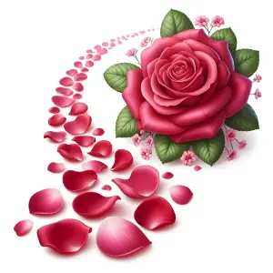 Red Rose with Scattered Petals on White Background