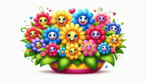 Colorful Animated Flowers with Smiling Faces in Decorative Pot