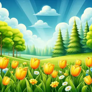 Bright Spring Meadow with Yellow Tulips and Forest Trees