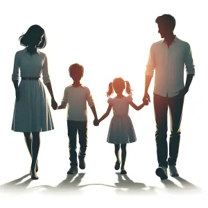 Silhouetted Family of Four Walking Hand in Hand
