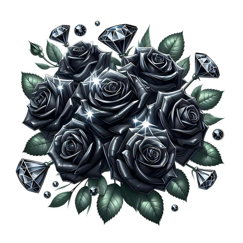 Black Roses with Diamond Accents and Green Leaves on White Background