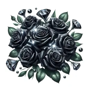 Black Roses with Diamond Accents and Green Leaves on White Background