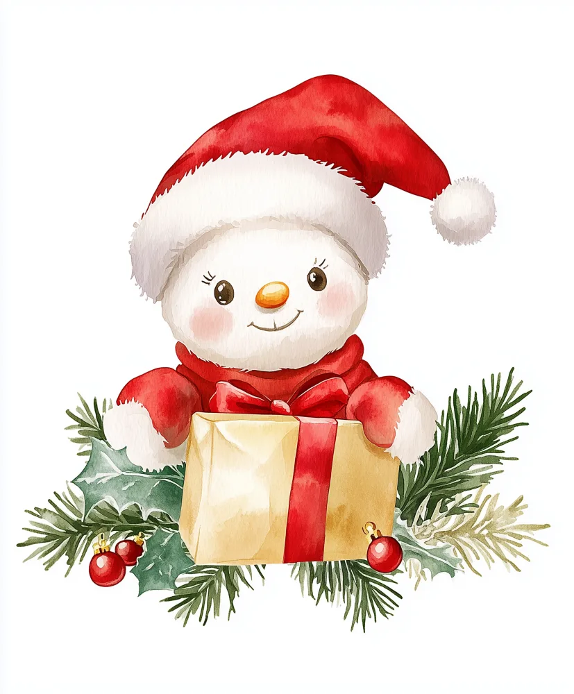 Cute Snowman in Santa Hat Holding Christmas Gift Illustration