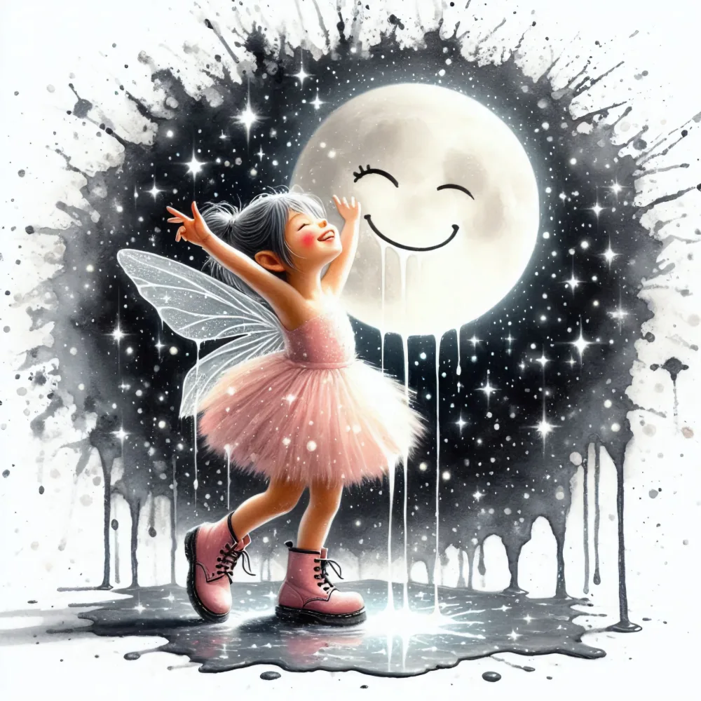 Joyful Fairy Girl Dancing Under Smiling Moon