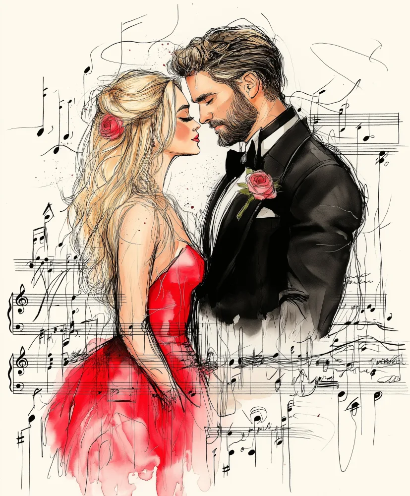 Romantic Couple in Formal Attire Surrounded by Musical Notes Illustration