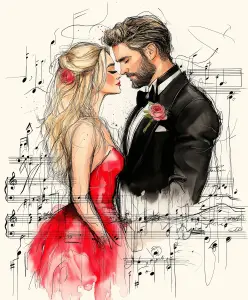 Romantic Couple in Formal Attire Surrounded by Musical Notes Illustration