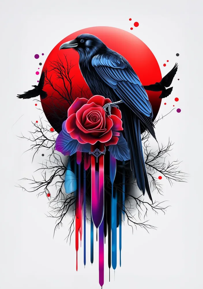 Surreal Raven with Rose and Red Moon Digital Artwork